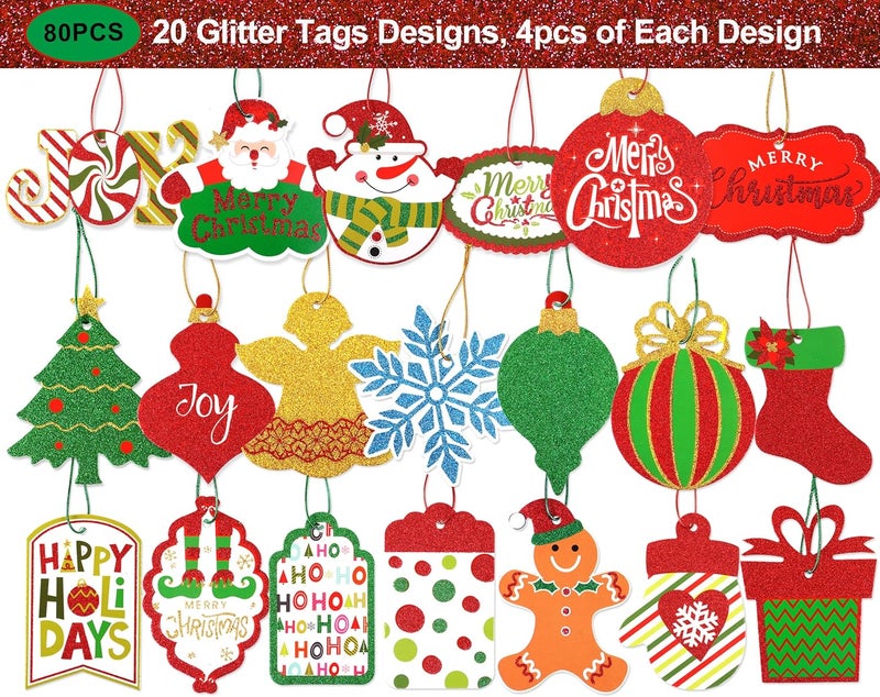 Giiffu 80-Pack Christmas Gift Tags with Untied Strings – 20 Glitter Designs, 3.5-Inch Holiday Name Tags & Labels for DIY Wrapping and Presents - Image 5